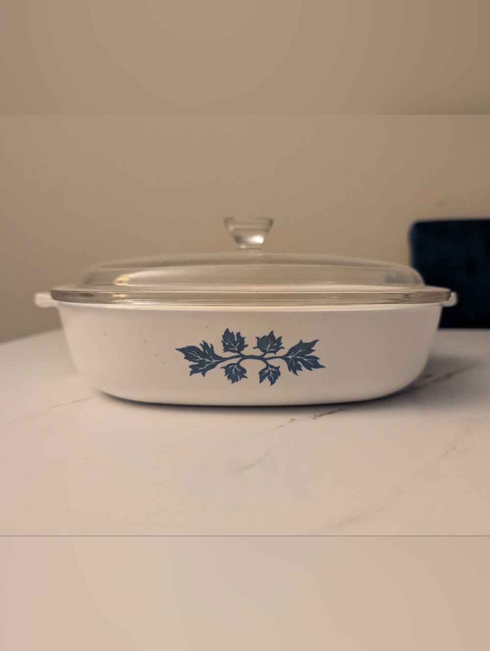 Vintage Pyroflam PF-11 Blue Leaves Casserole Dish w/ Glass Lid Netherlands MCM